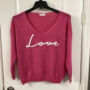 Elan Pink V-Neck Sweater with Love Design